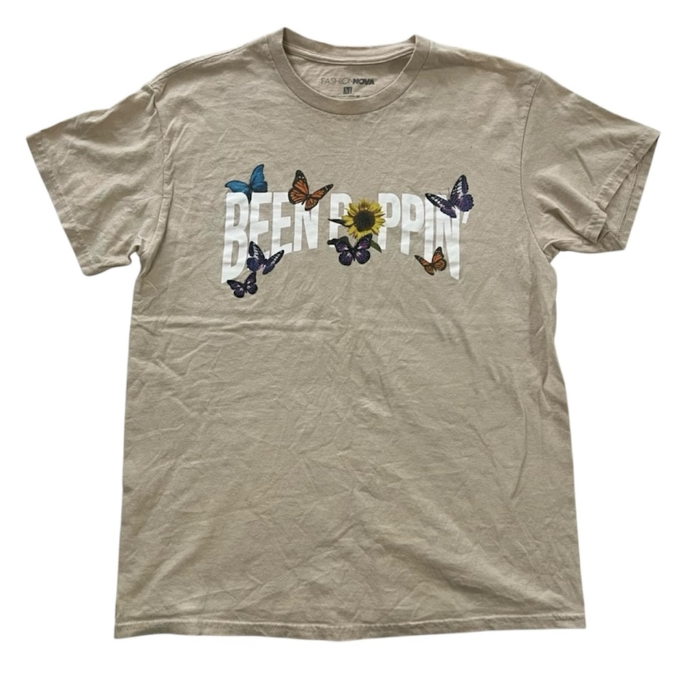 Fashion Nova Been Poppin’ Butterfly Short Sleeve Tee - Medium, Tan